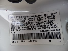 2007 HONDA CIVIC EX WHITE 4DR 1.8L VTEC AT A18756